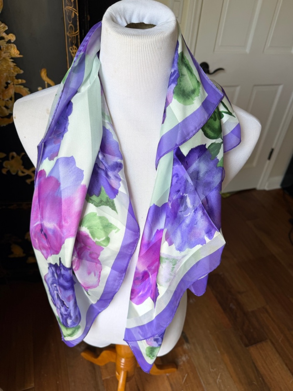 Vintage Floral Silk Scarf In Purple Pink  Green